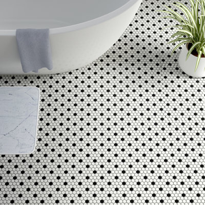 Merola Tile Metro 1" Hex Matte White with Black Dot 10-1/4" x 11-7/8" Porcelain Mosaic Floor and Wall Tile