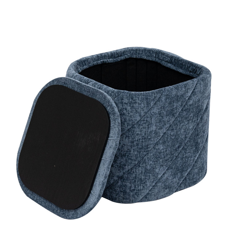 Square Chenille Storage Ottoman with Tufted Flip-Top Lid, Blue Upholstered Accent Stool, Blue