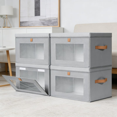 Fabric Storage Bins With Lids & Clear Windows - Front Opening Design With Handles, Large Stackable Organizer Boxes For Closet, Living Room, And Dorm Organization