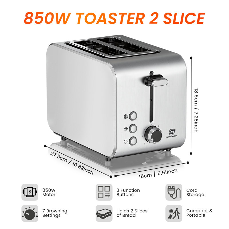 SUPERLEX 2-Slice Toaster 850W Brushed Stainless Steel with Extra Wide Slots | 7 Browning Settings, Defrost, Reheat & Cancel Functions, Removable Crumb Tray, for Bagels & Crumpets