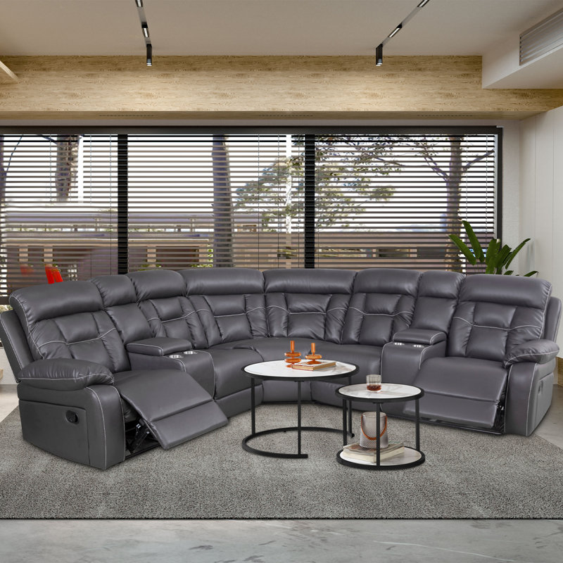 Canapé modulaire inclinable de 200,76 po Vangogne, Similicuir gris