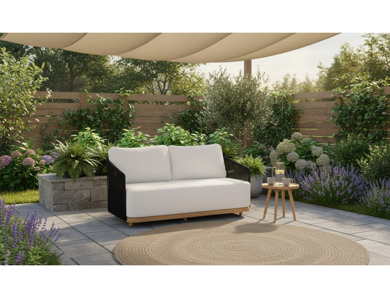 Alpine Teak Wood Outdoor Loveseat with Black Rope Design, Black