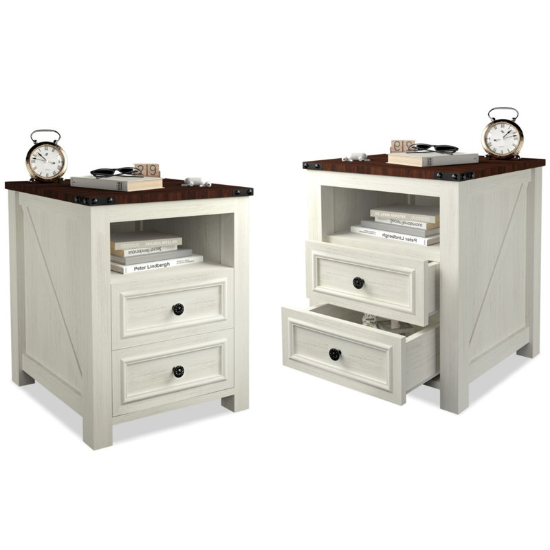 Farmhouse Charging Nightstand With 2 Drawers & USB Ports - Effortless Power And Storage, White, Individual