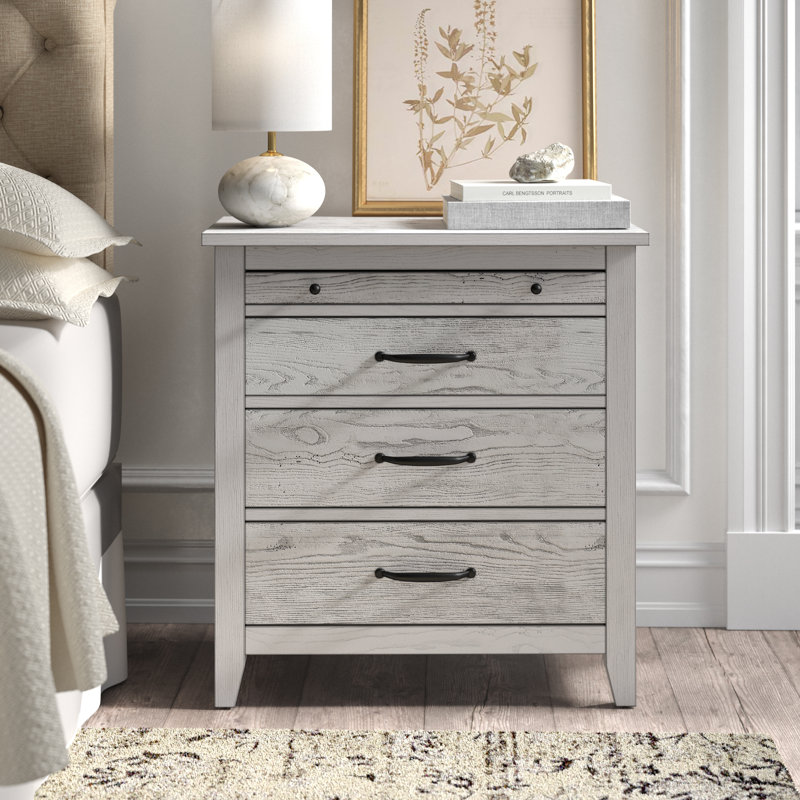 Transitional Gray 3-Drawer Nightstand with Pull-Out Tray