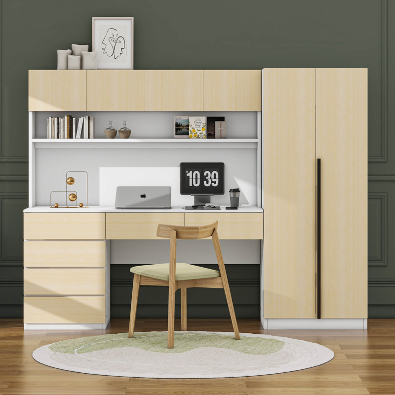 Armoire de bureau 2 portes en bois avec tablettes et tiroirs, Naturel