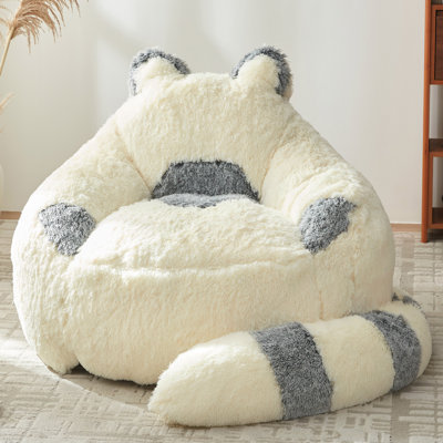 Raccoon Design Faux Rabbit Fur Bean Bag Chair with Detachable Tail Pillow, for Adults & Kids