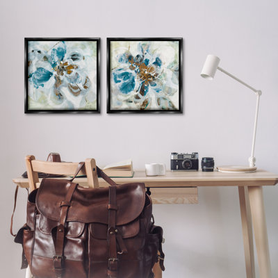 Ensemble de 2 toiles flottantes bleu sarcelle avec pétales de fleurs abstraites par Liz Jardine