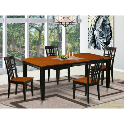 Ensemble de 5 tables de cuisine pour 4 personnes comprenant une table de salle à manger rectangulaire avec rallonge papillon et 4 chaises en bois massif, noir et cerisier