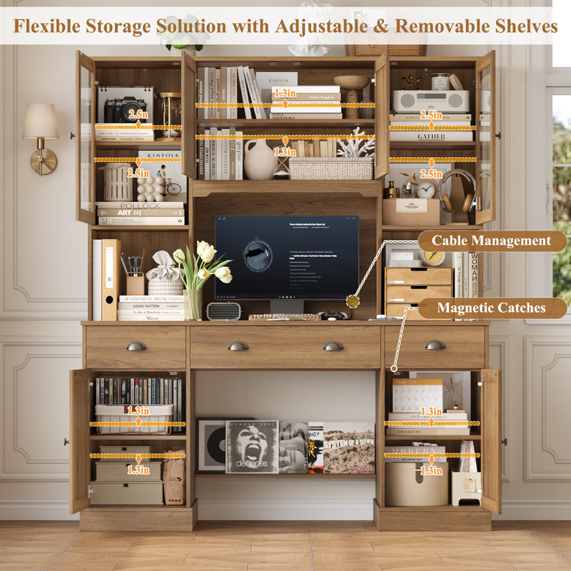63'' W x 74.8'' H 3-Drawer Computer Desk with Hutch, Natural Elm/Natural Elm