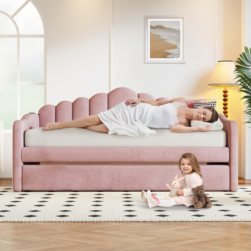 Twin Size Upholstered Daybed With Trundle, Pink