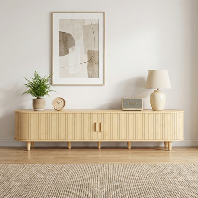 Mid Century Modern TV Stand With Power Outlets & Storage Shelves to Fit up to 80" TVs, Wood Media Console Tambour Door For Living Room And Bedroom