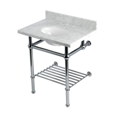 Kingston Brass Templeton 30-Inch Carrara Marble Console Sink with Brass Legs and Shelf (8-Inch, 3-Hole)