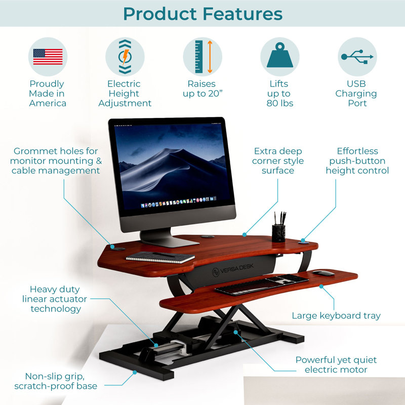 PowerPro 36" Electric Corner Standing Desk Converter Riser with USB Charging Port, Cherry/Black