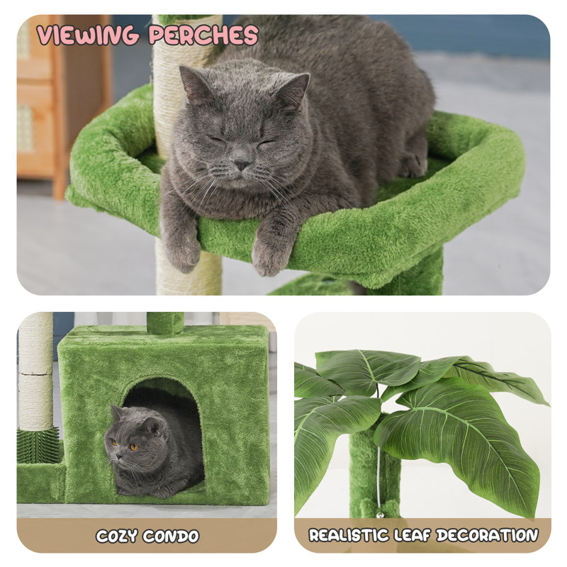 32" Green Cat Tree Tower with Leaf Design and Perch