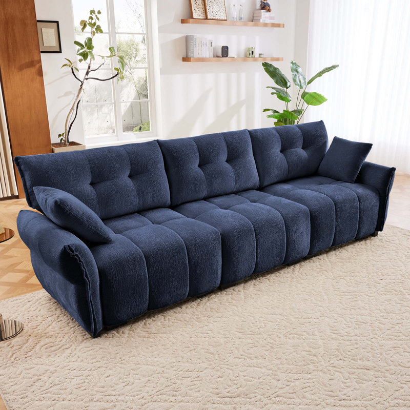 Canapé moderne capitonné 3 places avec coussins, Chenille bleue