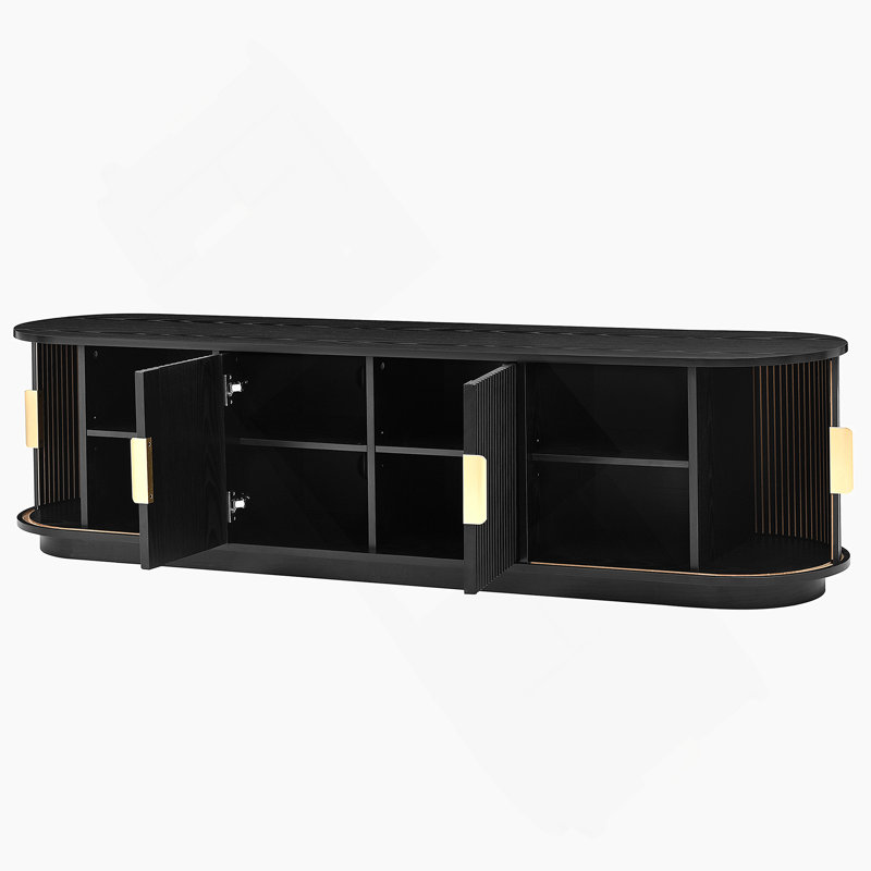 Farmhouse Wooden TV Stand for TVs up to 75" with Sliding Tambour Doors, Fluted Media Console with Adjustable Shelves, Golden Handles & Cable Management for Living Room
