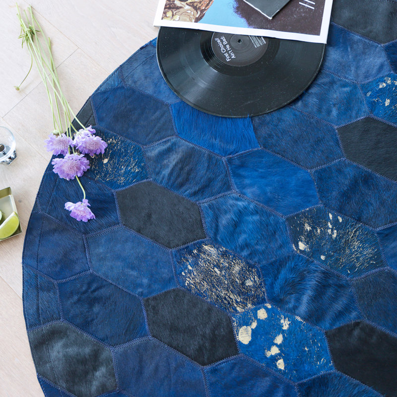 Cowhide Area Rug in Blue, Round 8'2''