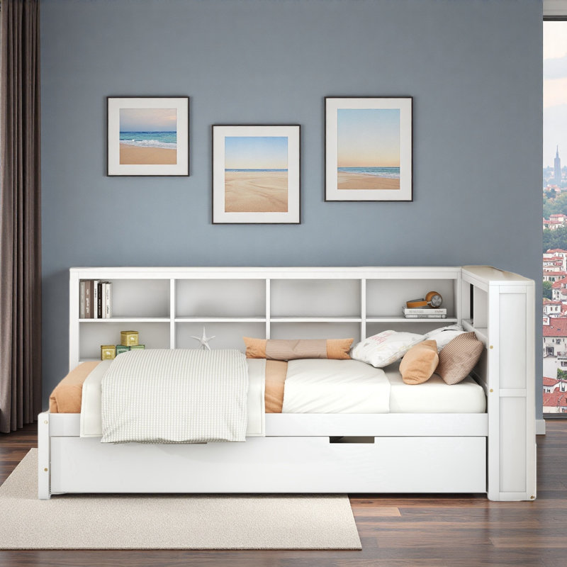 Wooden Daybed With Twin Size Trundle, Storage Shelf And Usb Charging Ports, Twin, White
