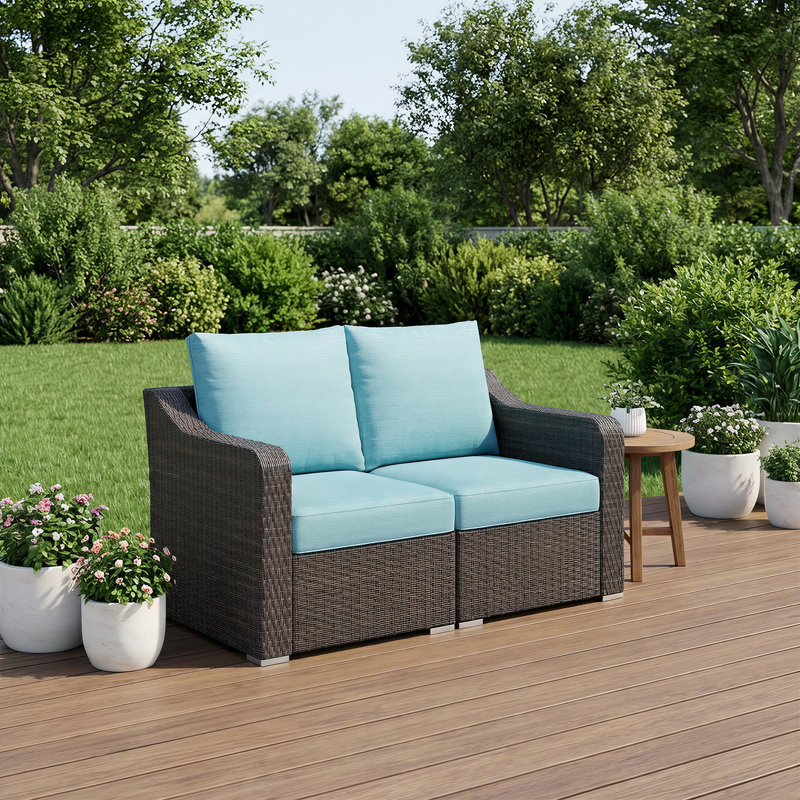 Canapé de patio causeuse en rotin, Coussin turquoise / cadre brun foncé