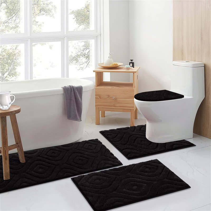 Ensemble de tapis de bain en microfibre 4 pièces avec envers antidérapant, Noir