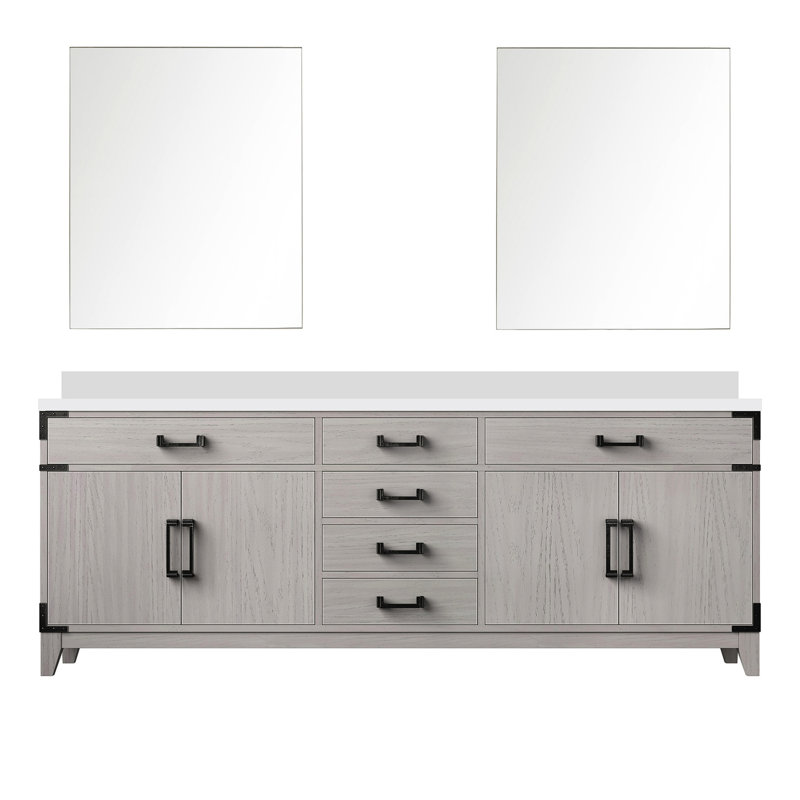 Meuble-lavabo double en chêne blanc, 84 po X P 22 po, avec plateau en marbre de culture et 36 miroirs - fermeture douce pour une salle de bain en chêne magnifique
