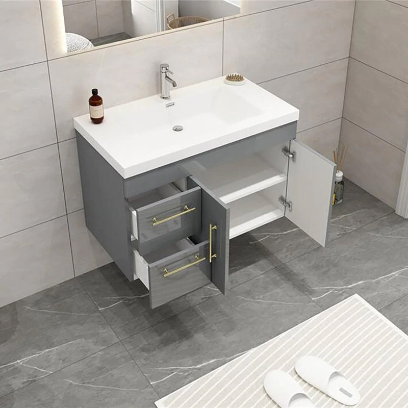 Ensemble de meuble-lavabo simple 35 po mural, Gris brillant
