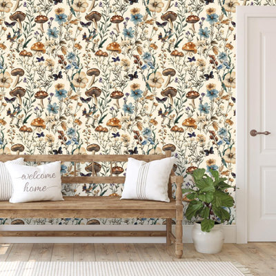 Papier peint auto-adhésif à motif floral champignon 16,9 "x 393,7" Boho
