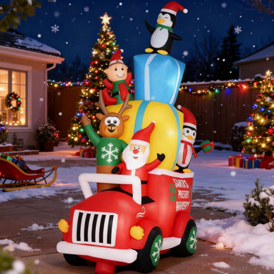 Grand camion de livraison de Noël gonflable de 9 pi avec le père Noël, l'elfe, le renne et les pingouins | Décoration de jardin à DEL avec éclairage extérieur | Idée de cadeau