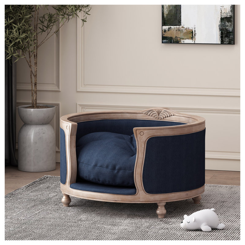 Lit pour chien luxueux capitonné bleu marine avec cadre en bois de bouleau massif