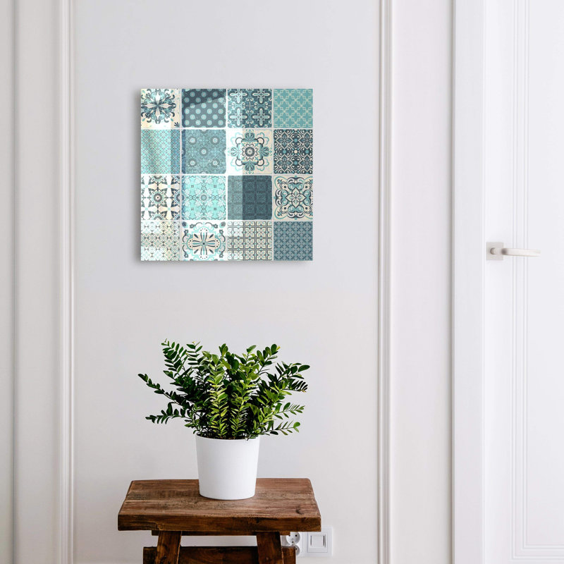 Key box, Opens to the right, 30x30x5, White, Turquoise mosaics with geometric patterns, 