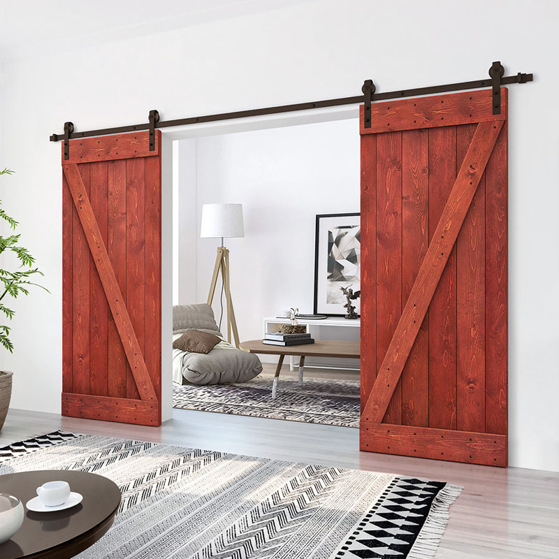 Porte de grange en bois massif lambrissé et métal, 40 po x 84 po, Rouge cerise