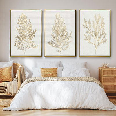 Ensemble de 3 algues dorées encadrées sur toile