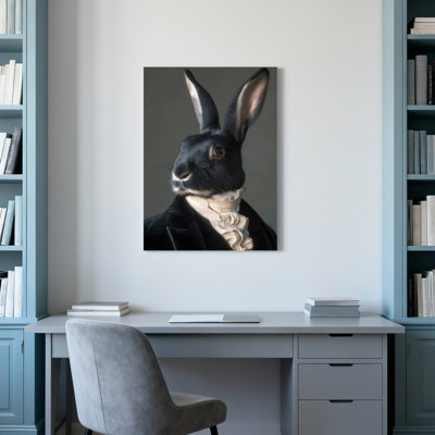 Lapin noir en costume formel, reproduction d'art sur toile tendue sur toile, ensemble de 1