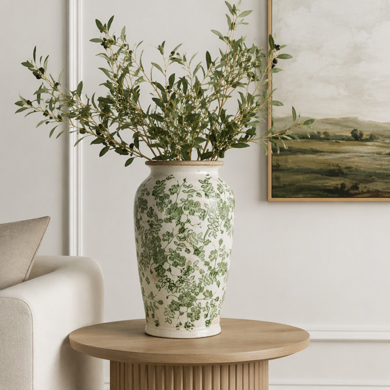 Vase en céramique blanc avec motif floral vert 6,5 x 6,5 x 11,6 po