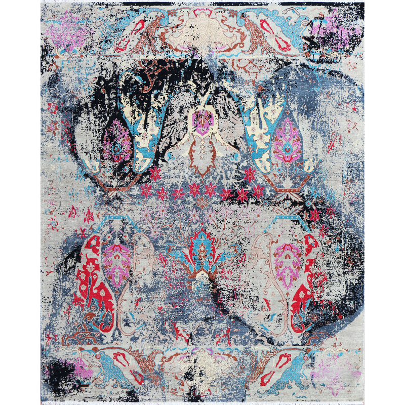 Tapis gris et multicolore de haute qualité noué à la main, Rectangle 8 pi x 10 pi