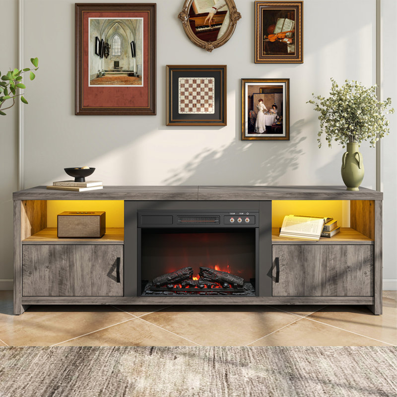 70" TV stand with 23" Electric Fireplace for TVs to 75", 3 Vintage Button Control Design, LED Strips, Over Heat Protection