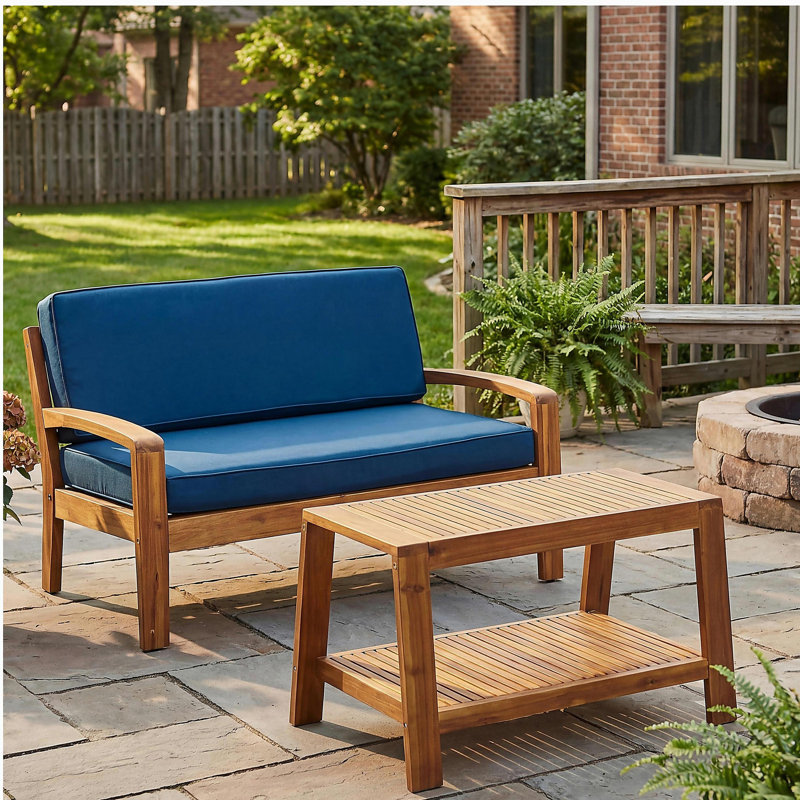 Ensemble de conversation d'extérieur 2 pièces en bois d'acacia teck - causeuse et table basse avec coussins bleu foncé résistants à l'eau, capacité de 350 lb pour le patio, la terrasse et la cour arrière