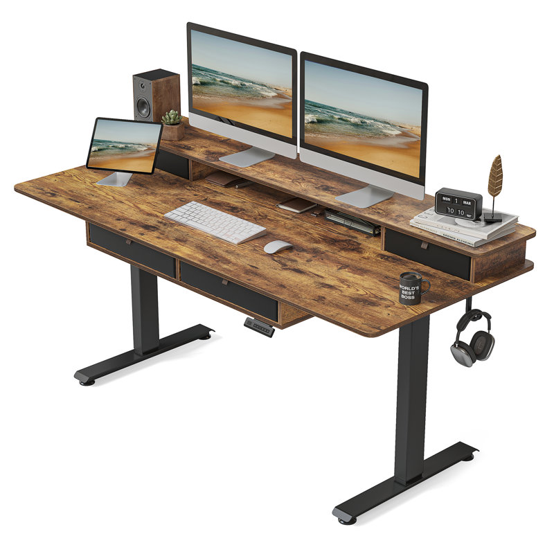 Basil Height Adjustable Standing Desk With Drawers, Brown/Black, 47.3" H x 63" W x 24" D