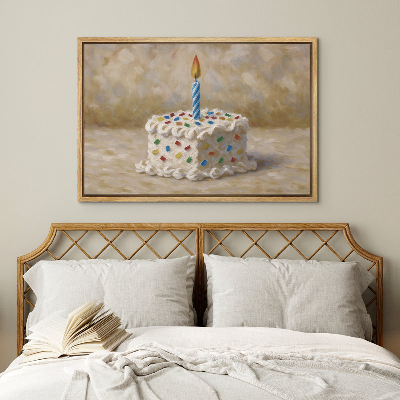 «Birthday Cake with Candle Celebration Decor», reproduction d'art sur toile encadrée, H 16 po x l 24 po, Naturel