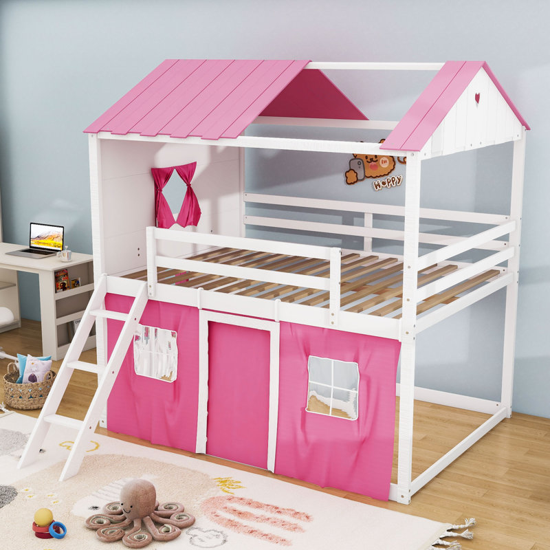Sherick Wood Bunk Bed with Windows and Tent, Full Over Full, Pink