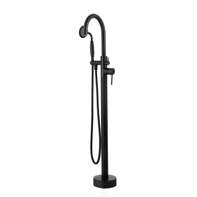 Robinet de baignoire noir mat avec fixation au sol - Bouton rond pour robinet de baignoire autoportant à dérivation d'eau dans la valve brute incluse - Installation