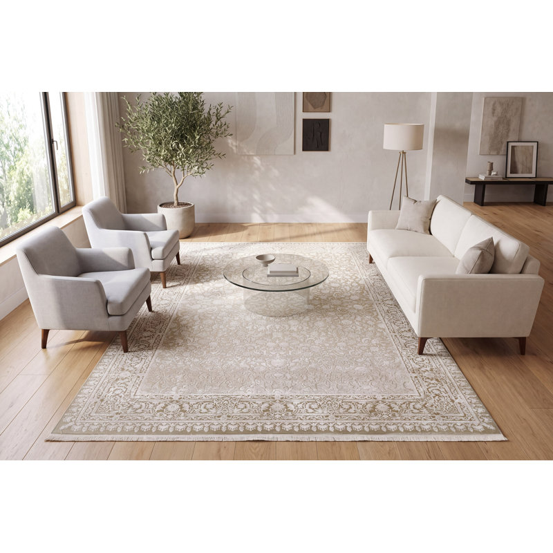 Tapis oriental beige / ivoire fabriqué à la machine, Rectangle 7 pi 10 po x 10 pi 10 po