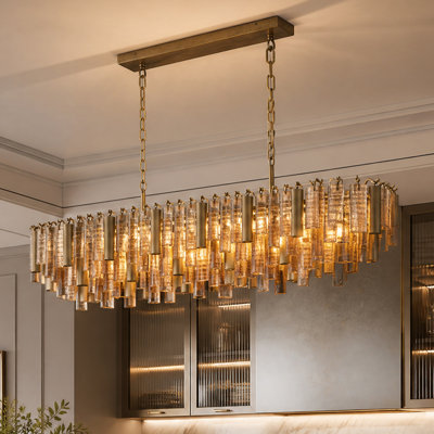 53.9" 16-Lights Vintage Large Tiered Rectangle Glass Gold Chandelier(Bulbs Included)