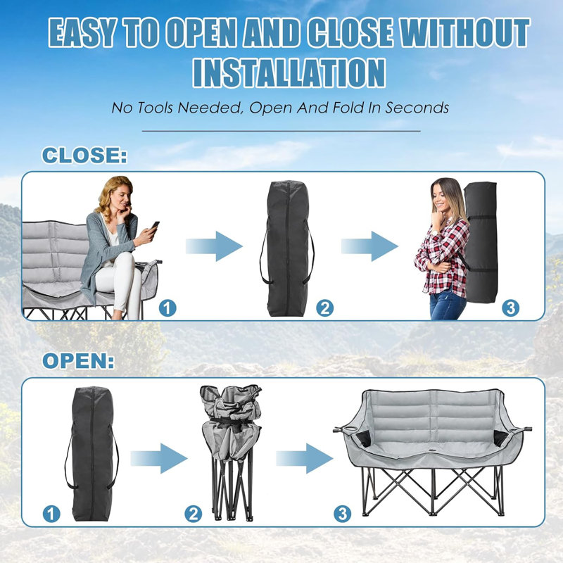 Glena Oversized Folding Double Camping Chair,  2 Person Fully Padded Duo Chair Camping with Carrying Bag, Gray