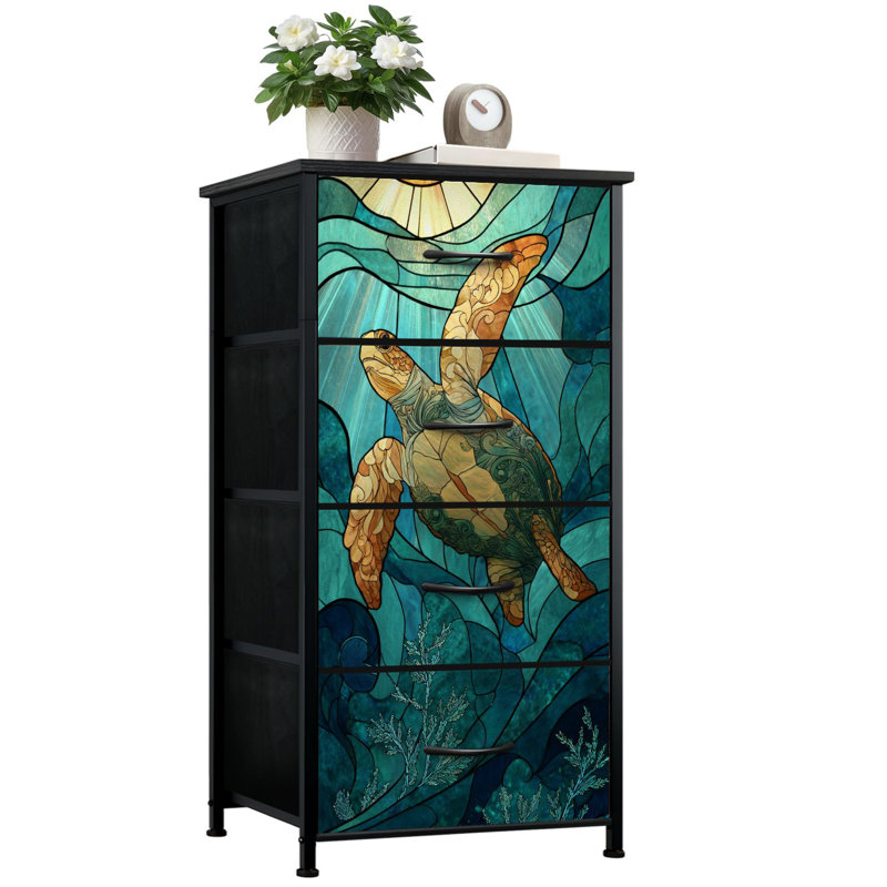 Commode de style vitrail pour la chambre à coucher avec 4 tiroirs de rangement Commode à commode en verre teinté sous-marin pour commode en dortoir