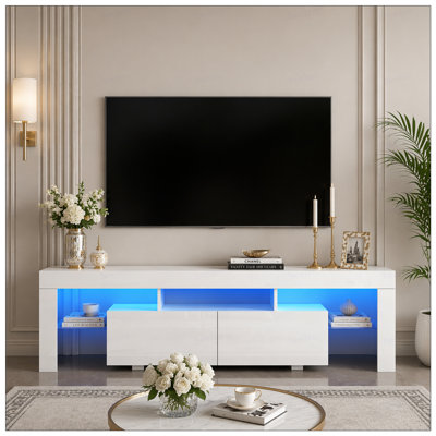 High gloss TV Stand with LED Lights for TVs up to 65'', Modern TV Console with Storage Cabinets for Living Room