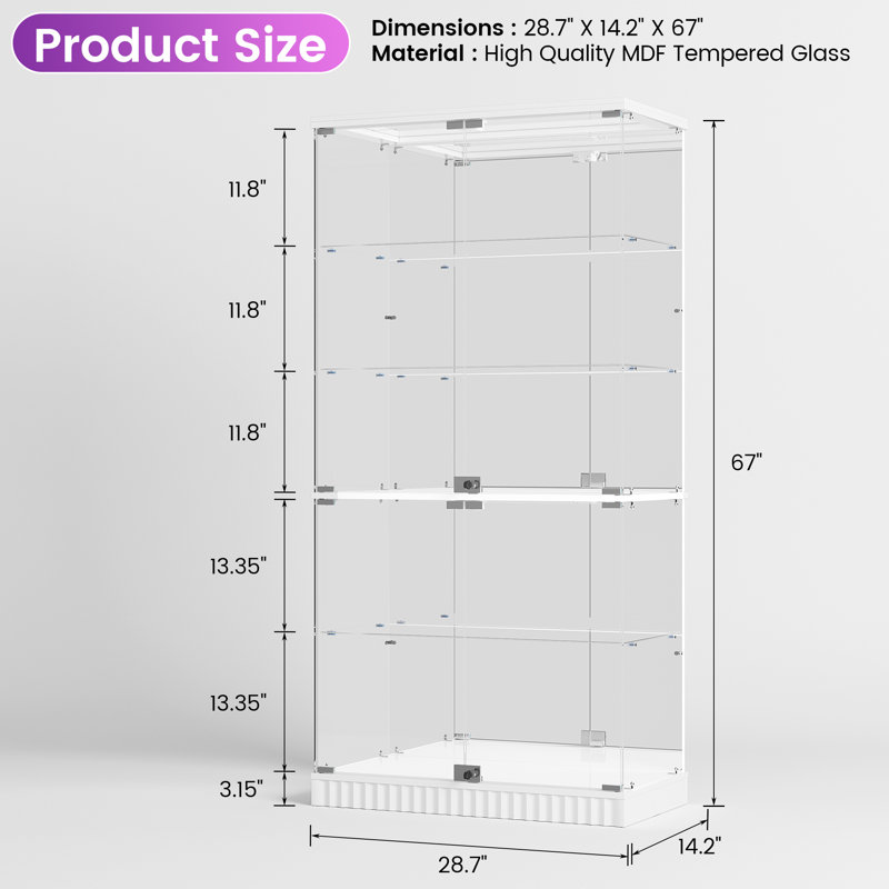 Glass Display Cabinet With Rgb Lights And Lock, Dimmable Function & Multi-Tier Design (28.74"W × 66.93"H × 14.17"D)White