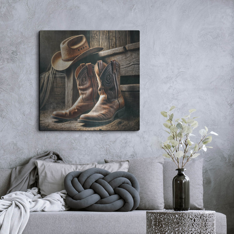  'Wester Style Decor Cowboy Boots And Hat' by Rey Klimt Metal Wall Art, 36" x 36"