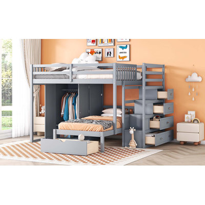 Shauna Twin Over Full Bunk Bed with Armoires, Drawers and Stairs