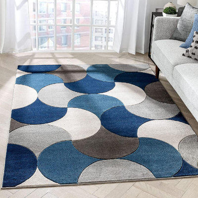 Well Woven Helena Blue Mid-Century Modern Abstract Geometric 3D Textured Rug
